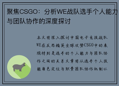 聚焦CSGO：分析WE战队选手个人能力与团队协作的深度探讨